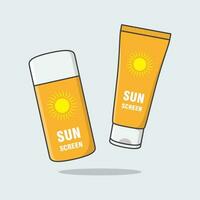 Solskydd lotion och Solskydd grädde tecknad serie vektor illustration. Sol skydd kosmetisk produkt platt ikon översikt. solkräm eller hudvård