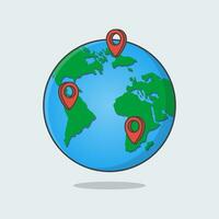 Planet Erde mit Karte Stifte Karikatur Vektor Illustration. Ort Stift Zeiger auf global Erde eben Symbol Gliederung