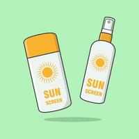 Sonnenschutz Lotion und Sonnenschutz sprühen Karikatur Vektor Illustration. Sonne Schutz kosmetisch Produkt eben Symbol Umriss. Sonnencreme oder Hautpflege