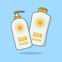 Sonnenschutz sprühen und Sonnenschutz Sahne Flasche Karikatur Vektor Illustration. Sonne Schutz kosmetisch Produkt eben Symbol Umriss. Sonnencreme oder Hautpflege