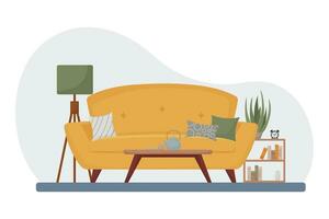 Leben Zimmer Innere, Möbel, Design Elemente, modern heim, Sofa, Anlage, Bücher, Becher, Wasserkocher, Kopfkissen, Lampe, gemütlich, Vektor eben Stil Illustration