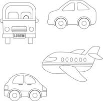Gliederung Gekritzel Transport Clip Art bündeln im Karikatur Stil zum Kinder und Kinder beinhaltet 4 Fahrzeuge vektor