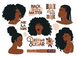 afro amerikan kvinna vektor illustration uppsättning. skön flickor mörk hud.
