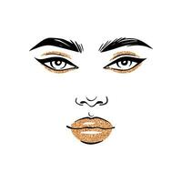 kvinna guld glitter smink illustration. mode flicka ansikte porträtt. gyllene mun och ögonskugga vektor