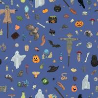 halloween sömlös mönster. prydnad av trolldom, djur, spöken, ockult föremål. läskigt vektor illustration i tecknad serie stil.