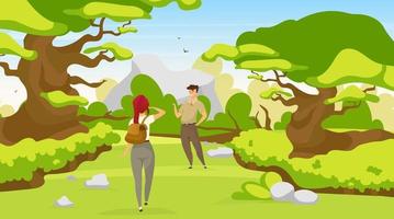 paar Rucksacktouristen flachbild Vector Illustration. Frau und Mann brennenden Weg im Wald. Wanderer zu Fuß auf dem Weg durch den Wald. Wanderer suchen im Regenwald nach Weg. Touristen Zeichentrickfiguren