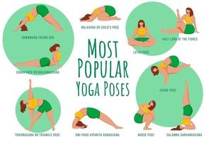 beliebte Yoga-Posen grüne Vektor-Infografik-Vorlage. körperpositive Frauen. Poster, Broschürenseitenkonzeptdesign mit flachen Illustrationen. Werbeflyer, Faltblatt, Banner mit Workflow-Layout-Idee vektor
