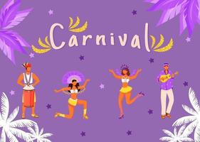 Karneval Banner flache Vektorvorlage. horizontales Poster mit Konzeptdesign. brasilianische Parade. Männer, die auf Tumbadora-Cartoon-Illustration mit Typografie spielen. tanzende Frauen auf lila Hintergrund vektor