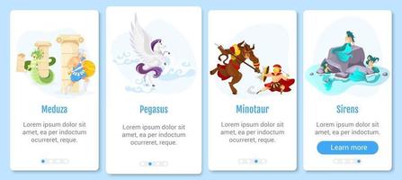 griechische Mythologie beim Onboarding der mobilen App-Bildschirmvektorvorlage. mythologische Kreaturen und Monster. Walkthrough-Website-Schritte mit flachen Zeichen. ux, ui, gui Smartphone-Cartoon-Schnittstellenkonzept vektor