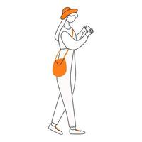 Walking Teen Girl mit Smartphone flache Kontur-Vektor-Illustration. junge Frau mit Telefonbildschirm isolierte Cartoon-Umriss-Figur auf weißem Hintergrund. Teenager mit Gadget einfache Zeichnung vektor