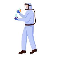 Wissenschaftler in Schutzanzug flachbild Vector Illustration. Durchführung gefährlicher Experimente mit Laborflaschen. Mann arbeitet mit Chemikalien isolierte Zeichentrickfigur auf weißem Hintergrund