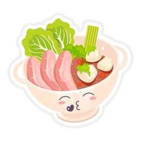 chinesische Rindfleischnudelsuppe süße Kawaii-Vektorfigur. Ramenschale mit küssendem Gesicht. asiatisches traditionelles Gericht. Fleisch mit Gemüse. lustiges Emoji, Emoticon. isolierte Cartoon-Farbillustration vektor