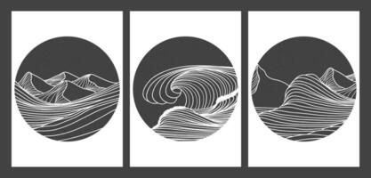 uppsättning av hav Vinka och bergen landskap illustration. runda logotyper. kreativ minimalistisk modern linje konst skriva ut. abstrakt samtida estetisk bakgrunder landskap. med hav, kullar, Vinka vektor