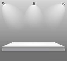 Ausstellungskonzept, weißer leerer Regalstand mit Beleuchtung auf grauem Hintergrund. Vorlage für Ihre Inhalte. 3D-Vektor-Illustration vektor