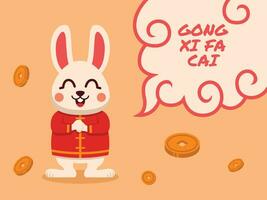 eben Illustration von süß Chinesisch Hase mit Blase Text Gong xi Fa cai. Vektor Illustration.