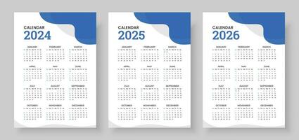 Kalender 2024, Kalender 2025 und Kalender 2026, Woche Start Sonntag, korporativ Design Planer Vorlage. Mauer Kalender im ein minimalistisch Stil vektor