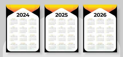 2024, 2025 och 2026 kalender uppsättning, vecka Start söndag, enkel vertikal kalender design mall. vägg kalender i en minimalistisk stil. företags- design planerare mall vektor