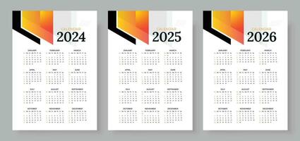 2024, 2025 und 2026 Kalender Satz, Woche Start Sonntag, einfach Vertikale Kalender Design Vorlage. korporativ Design Planer Vorlage. Mauer Kalender im ein minimalistisch Stil vektor