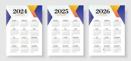 2024, 2025 och 2026 kalender uppsättning, vecka Start söndag, enkel vertikal kalender design mall. företags- design planerare mall. vägg kalender i en minimalistisk stil vektor