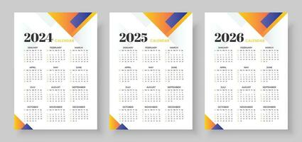 Kalender 2024, Kalender 2025 und Kalender 2026, Woche Start Sonntag, korporativ Design Planer Vorlage. Mauer Kalender im ein minimalistisch Stil vektor