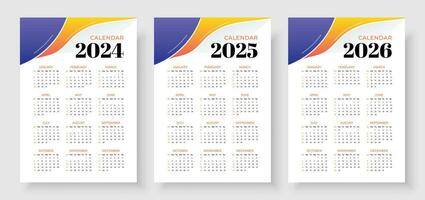 kalender 2024, kalender 2025 och kalender 2026, vecka Start söndag, företags- design planerare mall. vägg kalender i en minimalistisk stil vektor