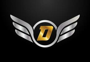 engelsk alfabet d med vingar logotyp design. bil och bil- vektor logotyp begrepp