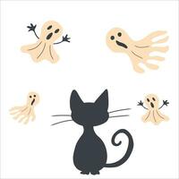 Halloween einstellen mit Geister und schwarz Katze Silhouette. Vektor isoliert Abbildungen im Karikatur Stil
