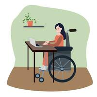 Frau im ein Rollstuhl Arbeiten entfernt Konzept von Inklusivität. Vektor Illustration im ein eben Stil