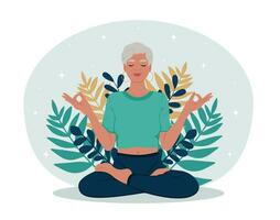 gesund Altern Monat. Alten Frau mit geschlossen Augen meditieren im Yoga Lotus Haltung. vektor