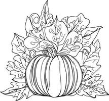 pumpa och löv för halloween. färg sida för barn, söt falla färg sidor, höst löv översikt vektor illustration, Hej september färg sidor