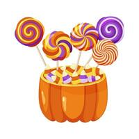 Halloween Süßigkeiten Mais im ein Kürbis mit Süßigkeiten Lutscher auf oben. Lutscher im ein Korb. Halloween Süßigkeiten, Urlaub behandelt. Vektor Illustration.