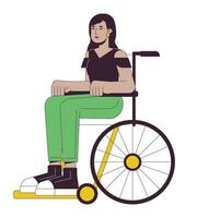 attraktiv flicka i rullstol platt linje Färg vektor karaktär. inklusivitet. gemenskap medlem. redigerbar översikt full kropp person på vit. enkel tecknad serie fläck illustration för webb grafisk design