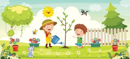 kleine Kinder gärtnern und pflanzen vektor