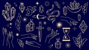 Tarot Elemente. Sterne, Hände, Kristalle, Gefieder, Magie Ball, Schwert und Schlange im Hand gezeichnet Gekritzel skizzieren Stil. linear Kunst von von esoterisch, Okkulte, alchemistisch und Hexe Symbole. Vektor Illustration