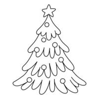 Weihnachten Baum mit Star und Bälle isoliert auf Weiß Hintergrund. Vektor Gliederung süß Illustration zum kindisch Färbung Buch