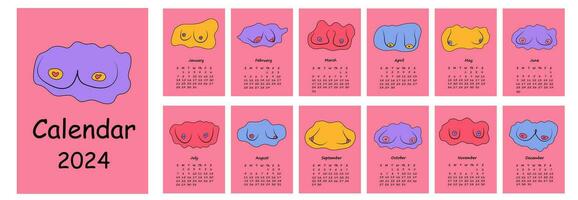 2024 kalender med hand dragen kvinna bröst samling. kalender planerare minimal stil, årlig arrangör. vektor illustration
