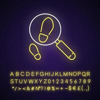 Suche nach Fußspuren Neonlicht-Symbol. strafrechtliche Ermittlung. detektivische Arbeit. Rätsel lösen. äußerer Leuchteffekt. Zeichen mit Alphabet, Zahlen und Symbolen. vektor isoliert rgb farbillustration