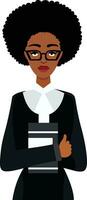 svart kvinna professor platt stil vektor illustration, svart lady lärare, föreläsare, bär glasögon och innehav en Urklipp eller dokument stock vektor bild