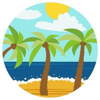 natürlich Karikatur Landschaft im Kreis. Vektor Illustration im das eben Stil mit drei Palmen im das Sommer- Strand.