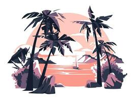 tropisk solnedgång landskap. lila och rosa färger. platt vektor illustration