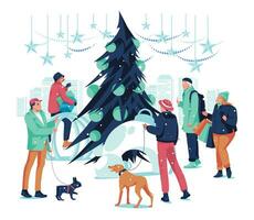 vinter- högtider. platt vektor illustration av människor handla, gående med hund och kommunikation nära jul stad träd i de ny år och jul