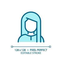 2d pixel perfekt redigerbar kvinna med hetero frisyr blå ikon, isolerat vektor, hårvård tunn linje enkel enfärgad illustration. vektor