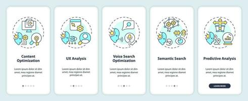 2d Symbole Darstellen ai zum SEO Handy, Mobiltelefon App Bildschirm Satz. Komplettlösung 5 Schritte Mehrfarbig Grafik Anleitung mit dünn Linie Symbole Konzept, ui, ux, gui Vorlage. vektor