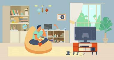Teenager Junge Aufpassen Fernseher beim Zuhause im seine Zimmer eben Vektor Illustration. Junge Sitzung auf das Bohne Tasche Stuhl Essen Pop Mais.