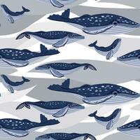 süß nahtlos Wal Muster auf Weiß mit groß Welle Flecken. das Muster wiederholt ein Blau und Weiß Marine Tier mit ein Familie. Kinder- Illustration von ein Buckel Wal Familie. Drucken auf Textilien vektor
