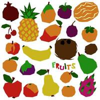 en uppsättning av stiliserade geometrisk frukter. naturlig organisk tropisk Produkter ananas, kokos, papaya, äpple, mango, granatäpple, persika, avokado och andra. vektor platt illustration markerad på vit