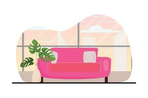 eben Illustration von ein Rosa Couch und Monstera Nächster zu Es, Fenster auf das Hintergrund mit ein Aussicht auf hoch Gebäude vektor