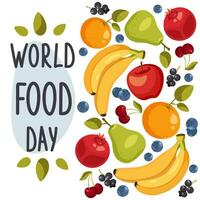 Welt Essen Tag Illustration Vektor geeignet zum Sozial Medien, Banner, Poster, Flyer und Lebensmittel. Wörter Welt Essen Tag auf Hintergrund mit Blätter und Früchte.