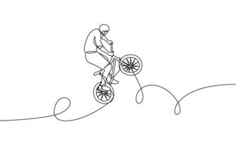 Single kontinuierlich Linie Radfahren bmx Freistil. das Mann ist tun ein Trick. extrem Sport. einer Linie Zeichnung Vektor Illustration