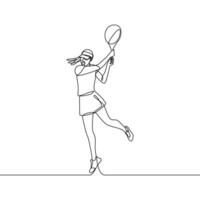 kontinuierlich Linie Tennis. das Frau gesprungen oben zu schlagen das Ball. Sport, Wettbewerbe. Vektor Illustration